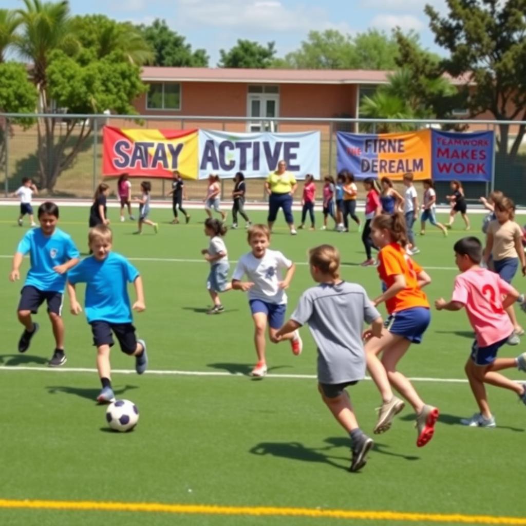 An energetic and inspiring scene depicting physical fitness in physical education and sports within a school setting