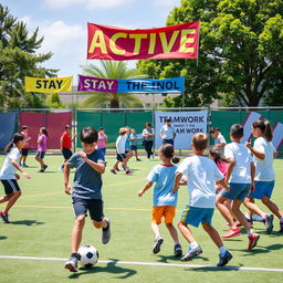 An energetic and inspiring scene depicting physical fitness in physical education and sports within a school setting