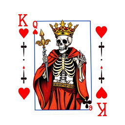 A unique and artistic rendition of a King card from a standard deck of poker cards, featuring a detailed skeleton design in the center