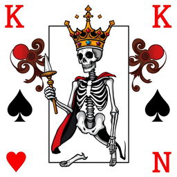 A unique and artistic rendition of a King card from a standard deck of poker cards, featuring a detailed skeleton design in the center