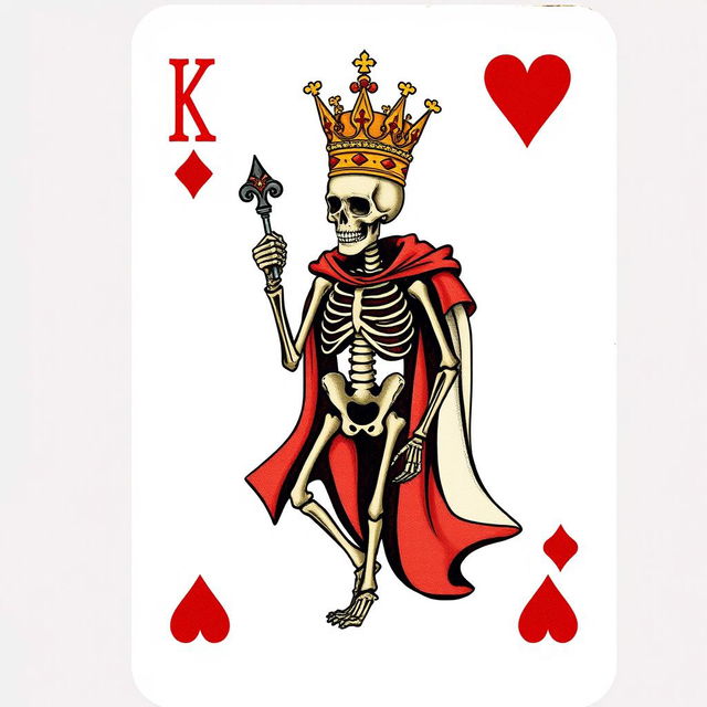 A unique and artistic rendition of a King card from a standard deck of poker cards, featuring a detailed skeleton design in the center