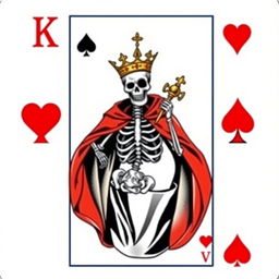 A unique and artistic rendition of a King card from a standard deck of poker cards, featuring a detailed skeleton design in the center