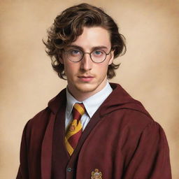 An artistic illustration of a young Aaron Taylor-Johnson wearing glasses and dressed in a Gryffindor uniform, reminiscent of his teenage years. The drawing should convey his effervescent youth and charm in a magical context.