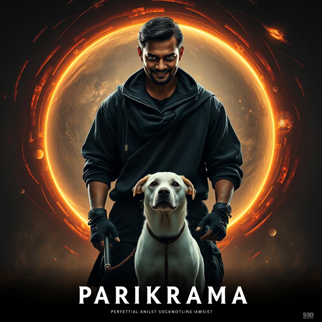 An intense cinematic film poster titled 'Parikrama', showcasing a formidable 27-year-old Indian man with dark multiversal magical powers, prominently standing in the expansive realm of our solar system