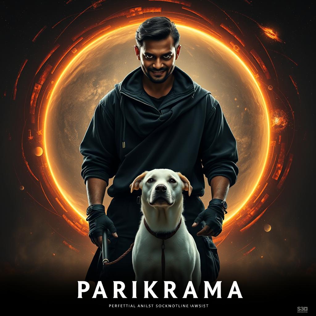 An intense cinematic film poster titled 'Parikrama', showcasing a formidable 27-year-old Indian man with dark multiversal magical powers, prominently standing in the expansive realm of our solar system