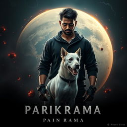 An intense cinematic film poster titled 'Parikrama', showcasing a formidable 27-year-old Indian man with dark multiversal magical powers, prominently standing in the expansive realm of our solar system