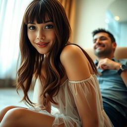 A beautiful woman with long brown hair and bangs, sitting gracefully in a sheer, flowing dress that subtly hints at her figure