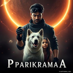 An intense cinematic film poster titled 'Parikrama', showcasing a formidable 27-year-old Indian man with dark multiversal magical powers, prominently standing in the expansive realm of our solar system