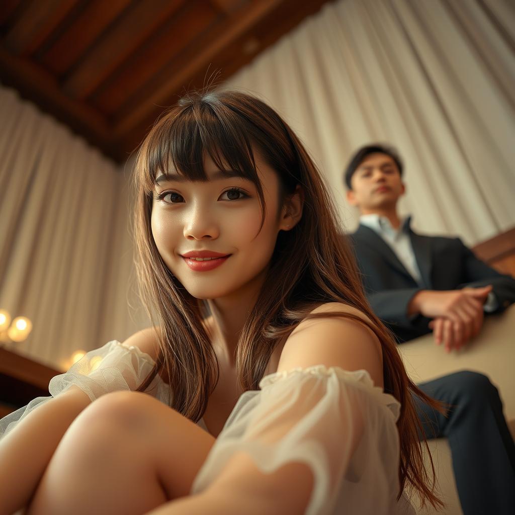 A beautiful woman with long brown hair and bangs, sitting gracefully in a sheer, flowing dress that subtly hints at her figure