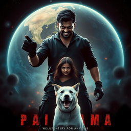 An intense cinematic film poster titled 'Parikrama', showcasing a formidable 27-year-old Indian man with dark multiversal magical powers, prominently standing in the expansive realm of our solar system