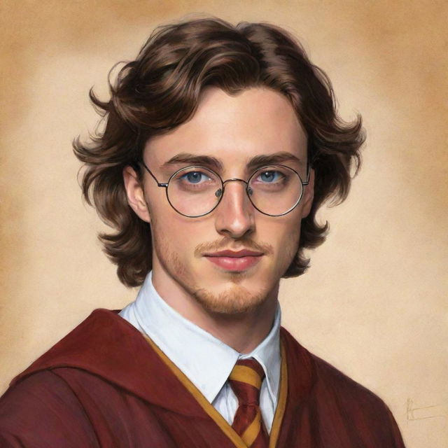 An artistic illustration of a young Aaron Taylor-Johnson wearing glasses and dressed in a Gryffindor uniform, reminiscent of his teenage years. The drawing should convey his effervescent youth and charm in a magical context.