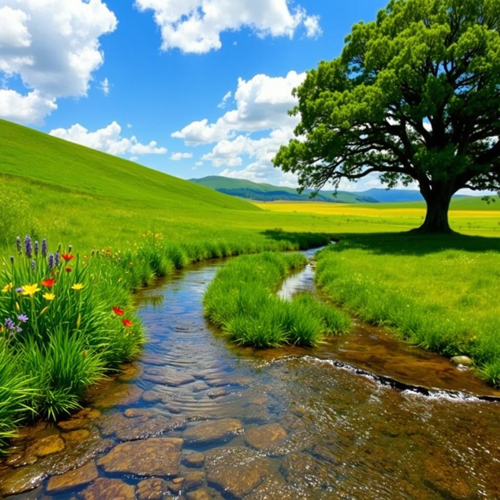 A serene landscape featuring a lush green meadow under a bright blue sky, dotted with fluffy white clouds