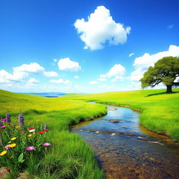 A serene landscape featuring a lush green meadow under a bright blue sky, dotted with fluffy white clouds