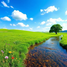 A serene landscape featuring a lush green meadow under a bright blue sky, dotted with fluffy white clouds