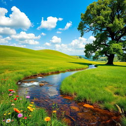 A serene landscape featuring a lush green meadow under a bright blue sky, dotted with fluffy white clouds