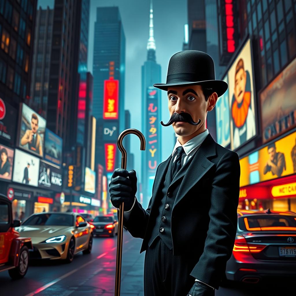 A surreal scene inspired by a Charlie Chaplin movie, blending elements of vintage and futuristic styles