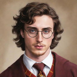 An artistic illustration of a young Aaron Taylor-Johnson wearing glasses and dressed in a Gryffindor uniform, reminiscent of his teenage years. The drawing should convey his effervescent youth and charm in a magical context.