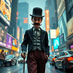 A surreal scene inspired by a Charlie Chaplin movie, blending elements of vintage and futuristic styles