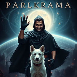 A captivating cinematic film poster titled 'Parikrama', featuring a formidable 27-year-old Indian man wielding dark multiversal magical powers, standing boldly in the vastness of our solar system