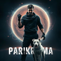 A captivating cinematic film poster titled 'Parikrama', featuring a formidable 27-year-old Indian man wielding dark multiversal magical powers, standing boldly in the vastness of our solar system