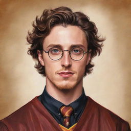 An artistic illustration of a young Aaron Taylor-Johnson wearing glasses and dressed in a Gryffindor uniform, reminiscent of his teenage years. The drawing should convey his effervescent youth and charm in a magical context.