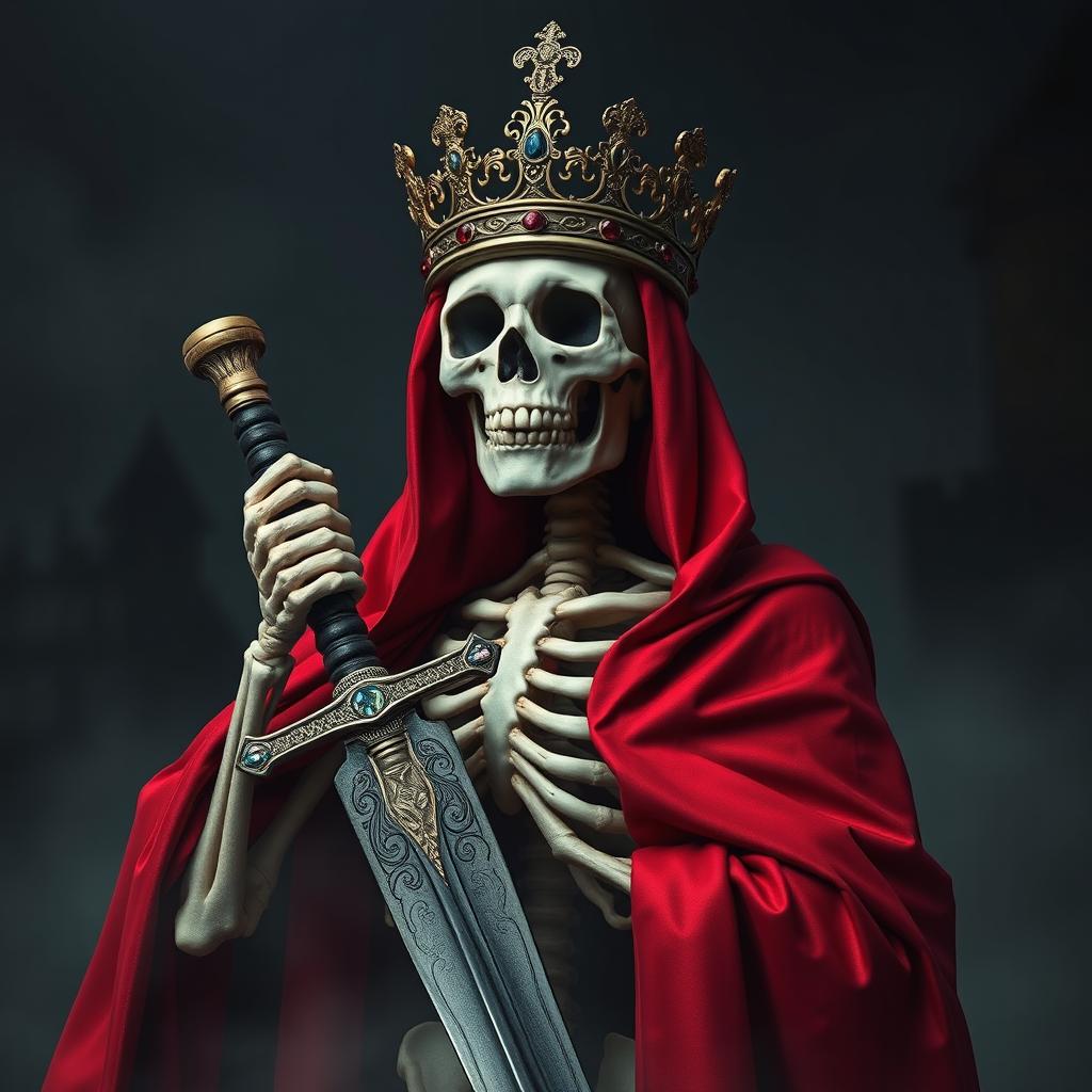 A striking image of a skeleton wearing an ornate crown, draped in a luxurious red robe that flows elegantly around its bony figure