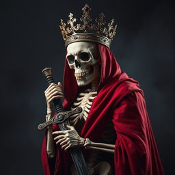 A striking image of a skeleton wearing an ornate crown, draped in a luxurious red robe that flows elegantly around its bony figure