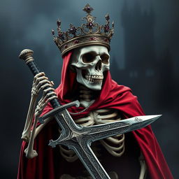 A striking image of a skeleton wearing an ornate crown, draped in a luxurious red robe that flows elegantly around its bony figure