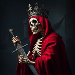 A striking image of a skeleton wearing an ornate crown, draped in a luxurious red robe that flows elegantly around its bony figure