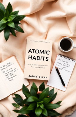 A visually appealing flat lay of the book 'Atomic Habits' by James Clear, showcasing the book cover prominently in focus