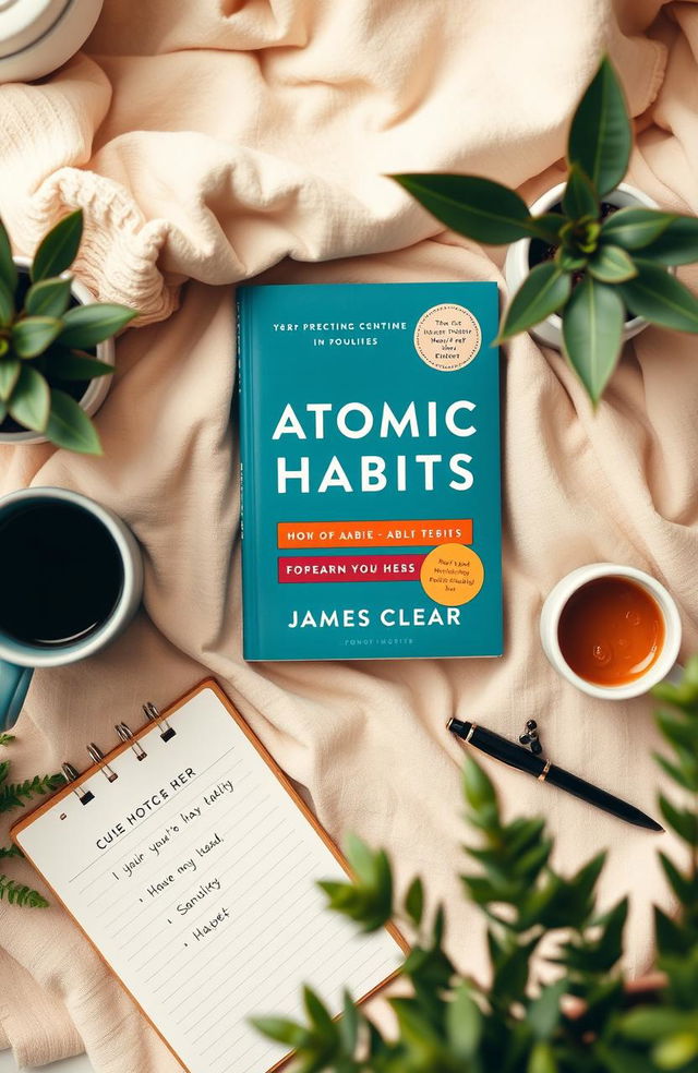 A visually appealing flat lay of the book 'Atomic Habits' by James Clear, showcasing the book cover prominently in focus