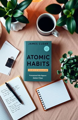 A visually appealing flat lay of the book 'Atomic Habits' by James Clear, showcasing the book cover prominently in focus