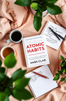 A visually appealing flat lay of the book 'Atomic Habits' by James Clear, showcasing the book cover prominently in focus