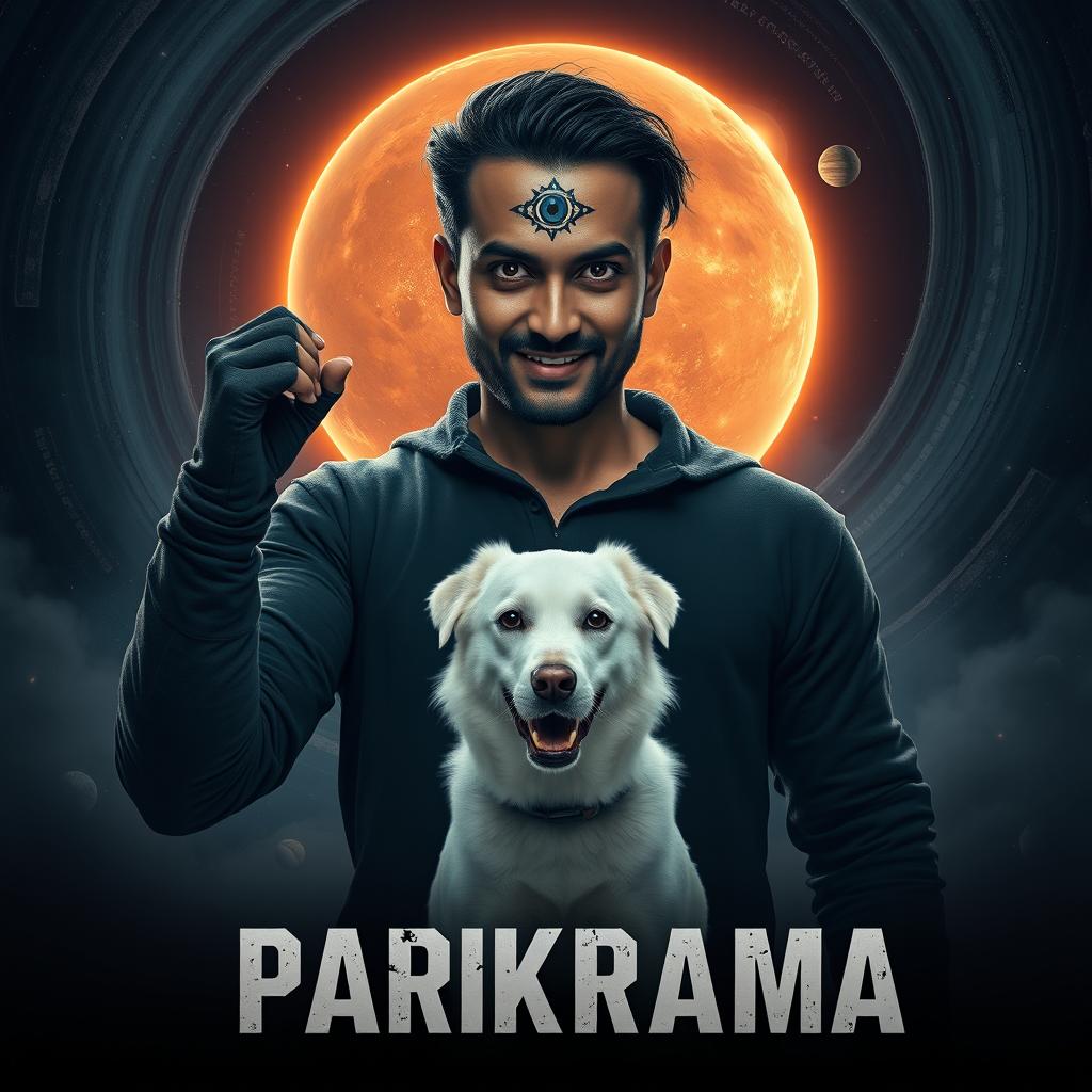 An enthralling cinematic film poster titled 'Parikrama', featuring a menacing 27-year-old Indian man with dark multiversal magical powers, powerfully positioned within the stunning environment of our solar system