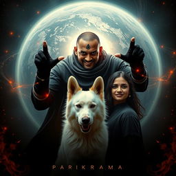 An enthralling cinematic film poster titled 'Parikrama', featuring a menacing 27-year-old Indian man with dark multiversal magical powers, powerfully positioned within the stunning environment of our solar system