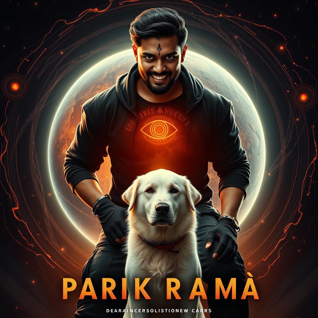 An enthralling cinematic film poster titled 'Parikrama', featuring a menacing 27-year-old Indian man with dark multiversal magical powers, powerfully positioned within the stunning environment of our solar system