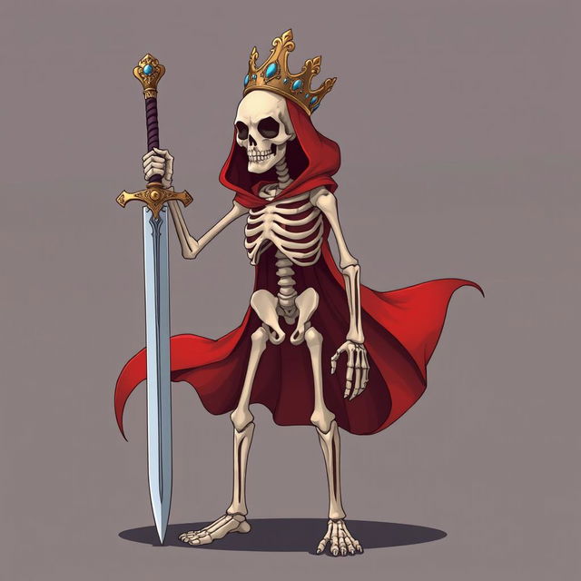 A full view illustration of a 2D skeleton character, wearing an ornate crown and a flowing red robe that cascades around its frame