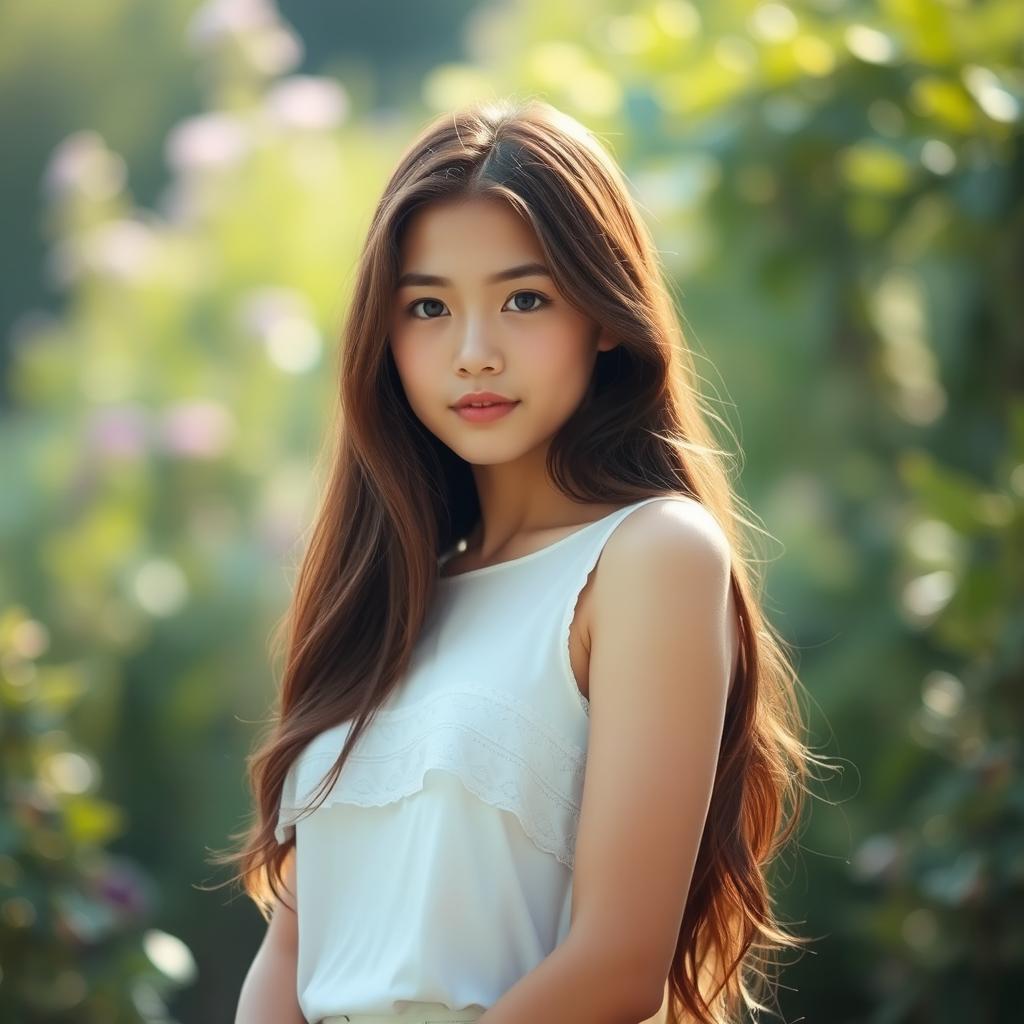 A realistic depiction of a young woman with long brown hair standing confidently, showcasing an expression of innocence