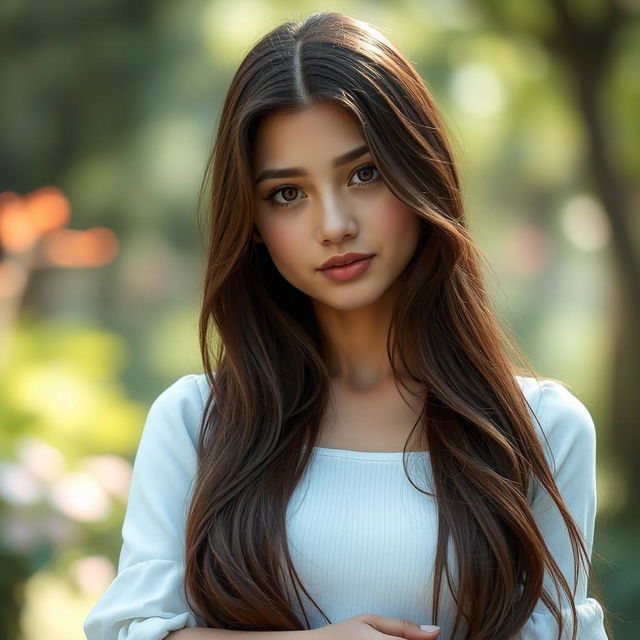 A realistic depiction of a young woman with long brown hair standing confidently, showcasing an expression of innocence