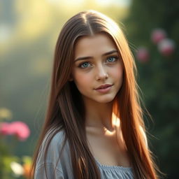 A realistic depiction of a young woman with long brown hair standing confidently, showcasing an expression of innocence