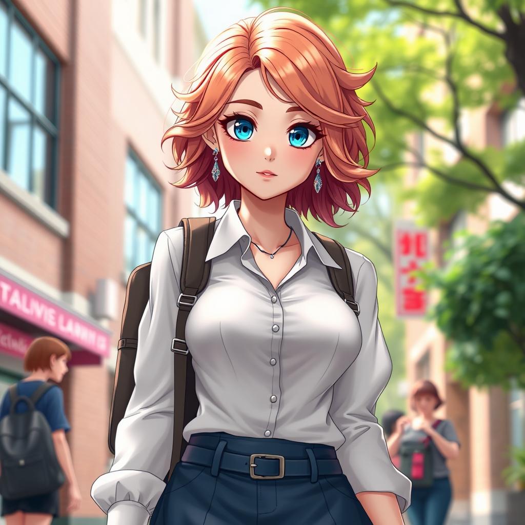 A full body view of a stunning female character with blue eyes and wavy strawberry blonde hair styled in a fashionable, stylish haircut