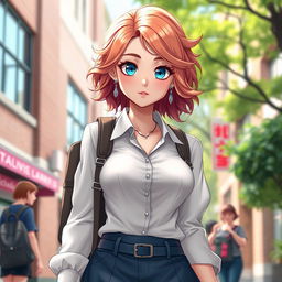 A full body view of a stunning female character with blue eyes and wavy strawberry blonde hair styled in a fashionable, stylish haircut