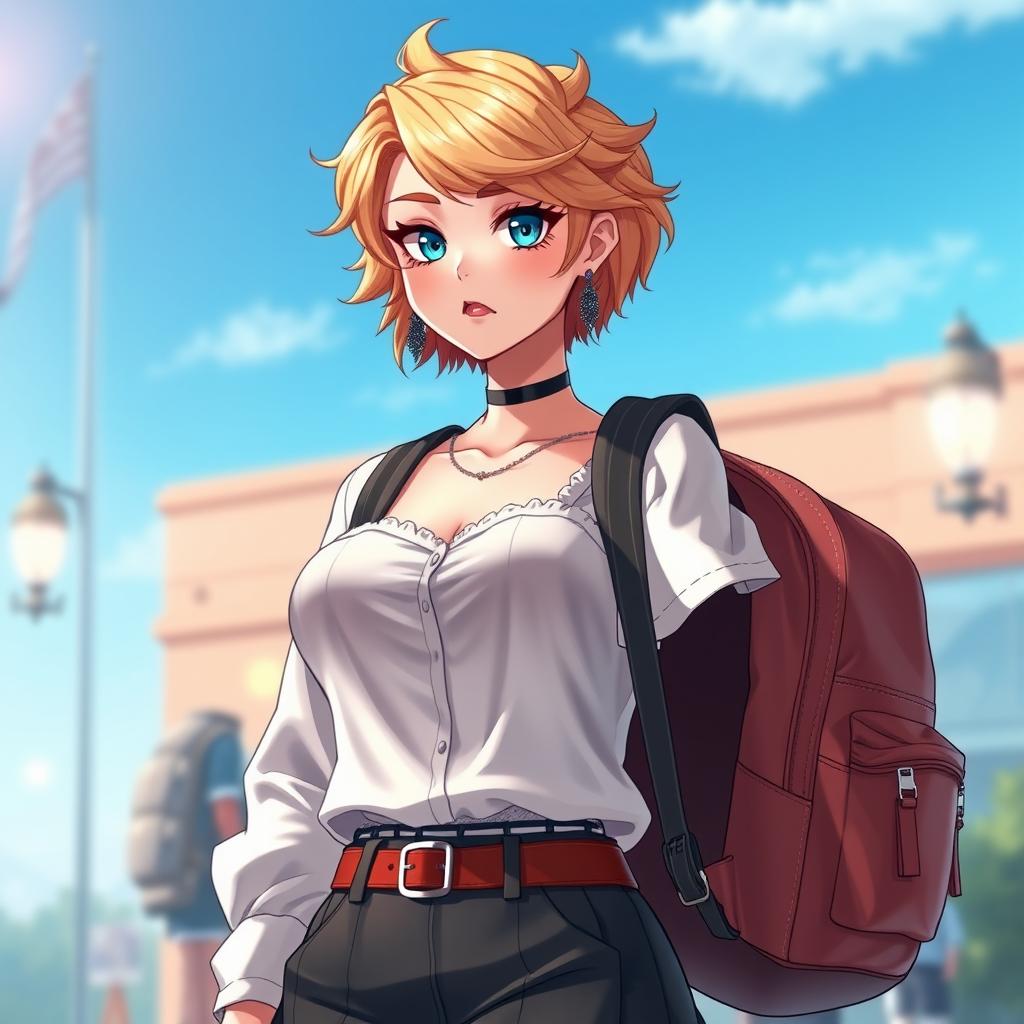 A full body view of a stunning female character with blue eyes and wavy strawberry blonde hair styled in a fashionable, stylish haircut