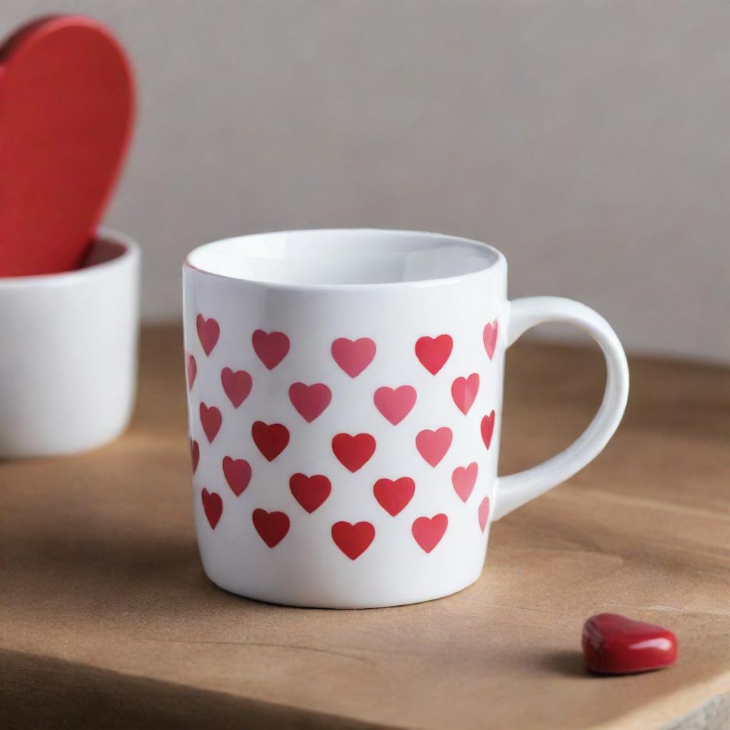 The high-gloss white ceramic mug is now elegantly adorned with both: a pattern of bright red and pink hearts, and the Selecta brand logo prominently displayed.