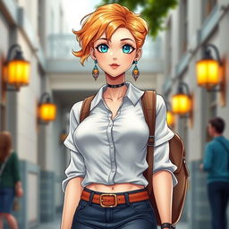 A full body view of a stunning female character with blue eyes and wavy strawberry blonde hair styled in a fashionable, stylish haircut