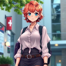 A full body view of a stunning female character with blue eyes and wavy strawberry blonde hair styled in a fashionable, stylish haircut