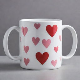 The high-gloss white ceramic mug is now elegantly adorned with both: a pattern of bright red and pink hearts, and the Selecta brand logo prominently displayed.