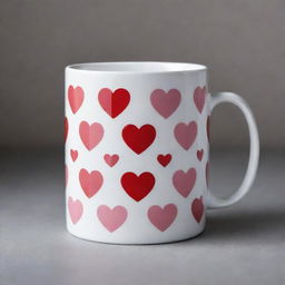 The high-gloss white ceramic mug is now elegantly adorned with both: a pattern of bright red and pink hearts, and the Selecta brand logo prominently displayed.