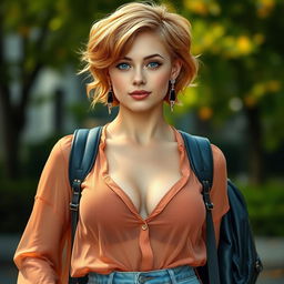 A beautiful young woman with blue eyes and alluring wavy strawberry blonde hair styled in a short, trendy cut