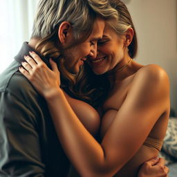 A tastefully depicted intimate scene between a young woman and an older man, focusing on the emotional connection and excitement shared between them